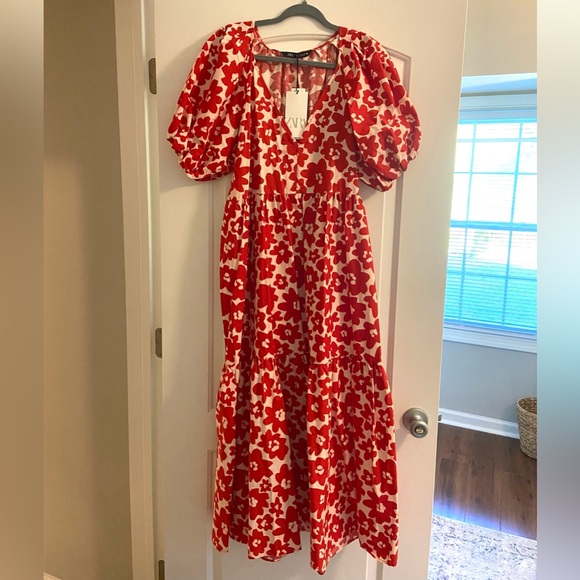 Zara Dresses Zara Red And White Floral Printed Poplin Dress Poshmark